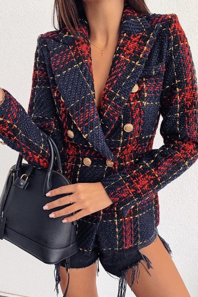 Unique Plaid Printed Long Sleeve Double-Breasted Fitted Retro Blazer Coat