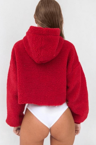 Winter Classic Plain Long Sleeve Fluffy Cropped Pullover Hoodie