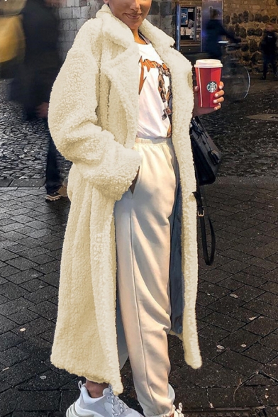 Winter Fashion Notched Lapel Long Sleeve Single Button Beige Longline Loose Teddy Fleece Overcoat with Pocket