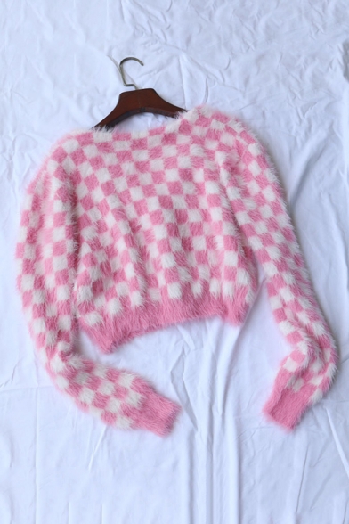 Winter Fashionable Pink & White Checkerboard Long Sleeve Mink Cashmere Cropped Cardigan Coat