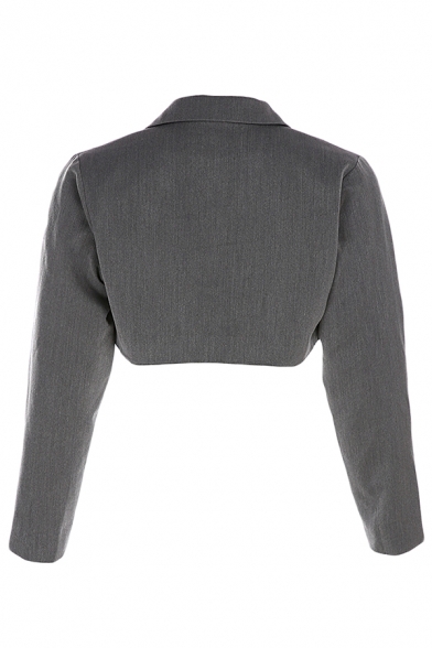 Women Stylish Plain Chic Chain Decoration Long Sleeve Double Button Cropped Suit Coat