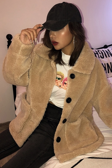 Women Warm Solid Color Long Sleeve Single Breasted Fluffy Faux Fur Boxy Coat with Big Pocket