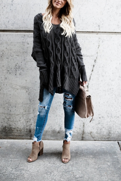 Womens Casual Black Plain Long Sleeve High Low Hem Chunky Knit Longline Pullover Sweater