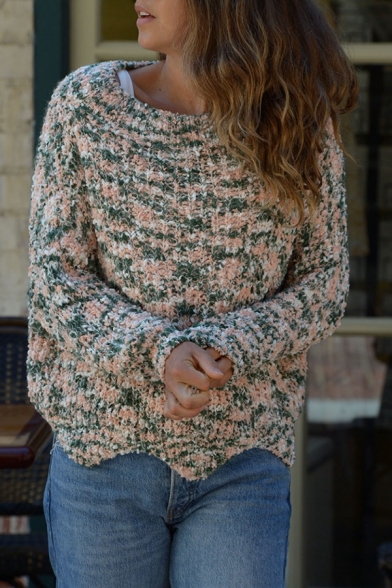 Womens Casual Colorblock Long Sleeve Asymmetric Hem Chunky Knit Light Green Pullover Sweater