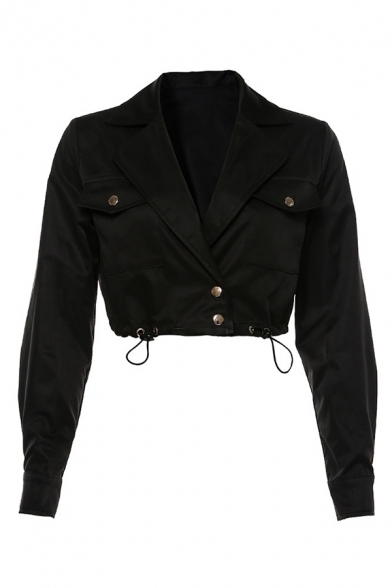 Womens Casual Plain Black Long Sleeve Flap Pocket Drawstring Hem Snap Button Cropped Blazer Jacket