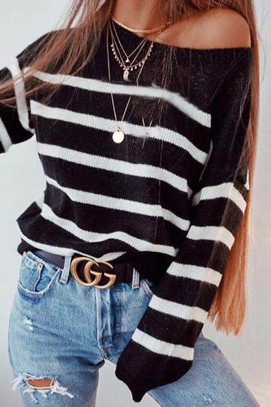 

Womens Chic Black and White Stripe Printed Long Sleeve Boat Neck Pullover Sweater in Loose Fit, LM567679