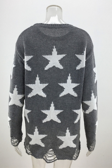 Womens Chic White Stars Printed Long Sleeve Round Neck Gray Ripped Sweater in Loose Fit
