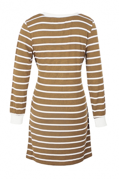 Womens Designer Striped Tie Waist Round Neck Loose Midi Casual T-Shirt Dress