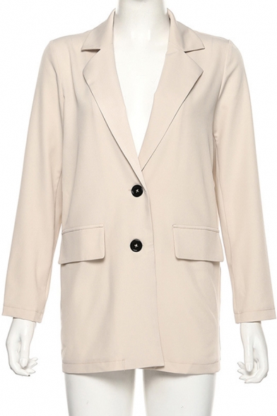 Womens Elegant Long Sleeve Single Breasted Khaki Longline Loose Suit Coat with Flap Pocket