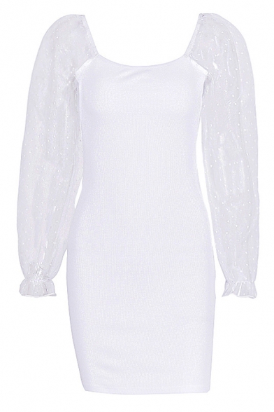 Womens Elegant Plain Square Neck Polka Dot Printed Mesh Patch Puff-Sleeve Mini Fitted Night Club Dress