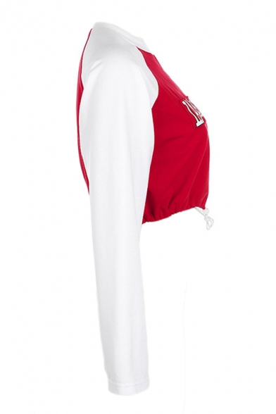 Womens Fashion LAMHOTTY Printed Raglan Long Sleeve Drawstring Hem Red and White Cropped Pullover Sweatshirt
