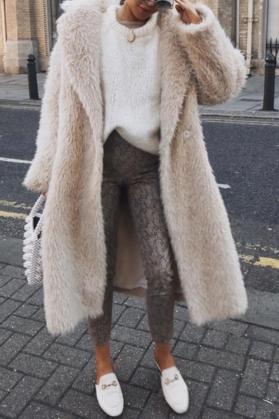 Womens Fashion Long Sleeve Open Front Plain Beige Longline Faux Fur Hooded Overcoat