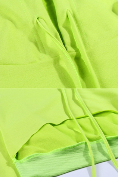Womens Fashion Plain Green Long Sleeve Loose Irregular Cropped Drawstring Hoodie