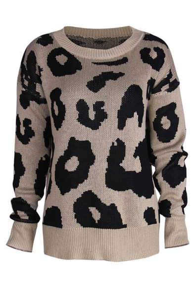 Womens Fashionable Leopard Print Round Neck Regular Casual Pullover Sweater