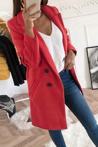 Womens Fashionable Notched Collar Long Sleeve Double Breasted Longline Plain Woolen Overcoat
