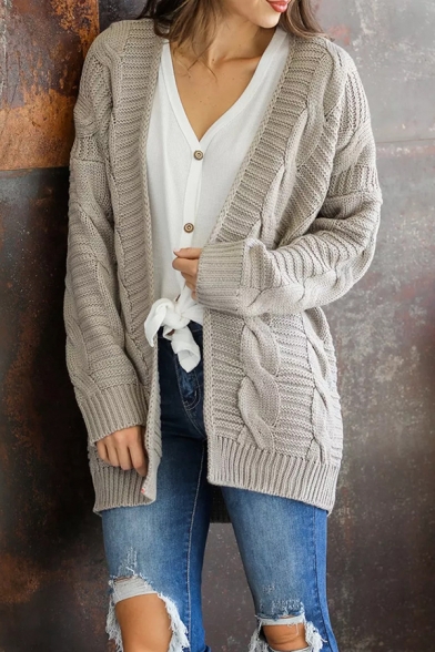 Womens Fashionable Plain Loose Open Front Cable Knit Tunic Cardigan