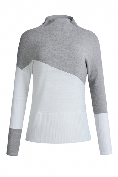 Womens Regular High Collar Long Sleeve Grey and White Panel Casual Pullover Sweater Top