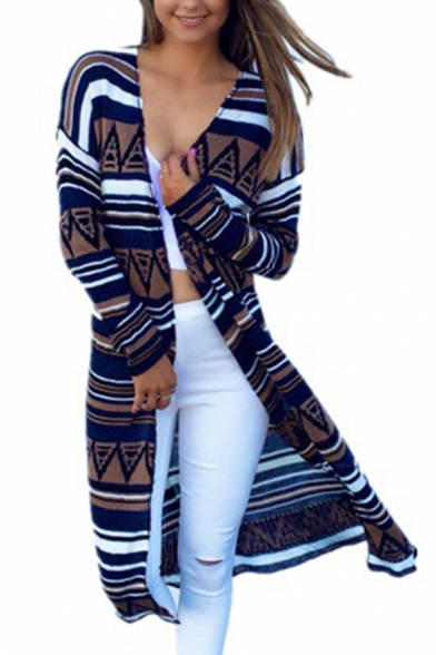 Womens Retro Tribal Geo Printed Long Sleeve Open Front Fair Isle Tunic Duster Cardigan Coat