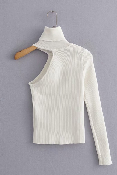 Womens Sexy One Shoulder Long Sleeves Turtleneck Solid Knitwear Sweater