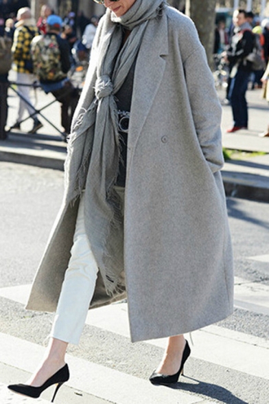 Womens Simple British Style Notch Lapel Gray Solid Color Thick Longline Wool Coat