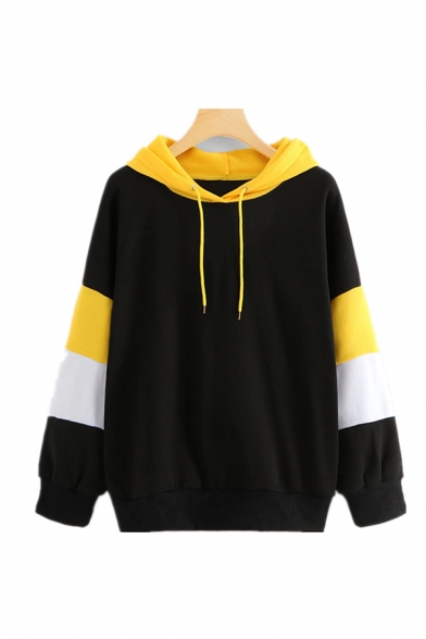 Womens Stylish Color Block Long Sleeve Loose Casual Thick Drawstring Hoodie