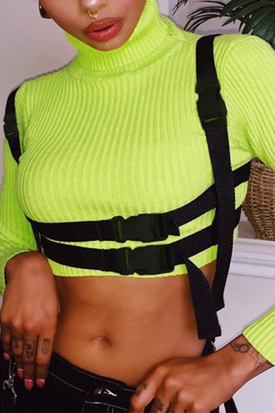 Womens Stylish Fluorescent Green High Collar Long Sleeve Push Buckle Embellished Cropped Pullover Sweater