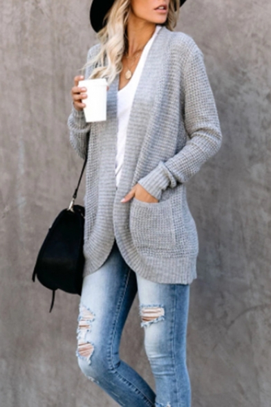 Womens Stylish Plain Grey Long Sleeve Open Front Knitwear Cocoon Cardigan Coat