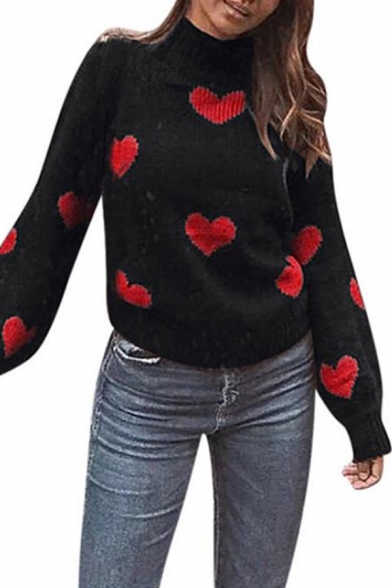 Womens Stylish Red Heart Printed Long Sleeve Turtleneck Loose Black Pullover Sweater