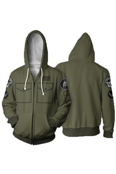 Army Green 3D Printing Cosplay Costume Long Sleeve Zip Up Drawstring Hoodie with Pocket