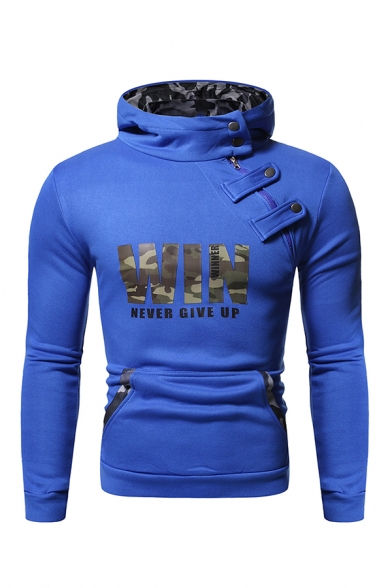 Camo Letter WIN Printed Oblique Zipper Snap Button Embellished Fitted Pullover Hoodie with Pocket