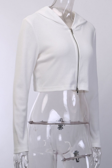 Fall Popular White Long Sleeve Zip Up Ribbed Cropped Hooded Jacket Coat