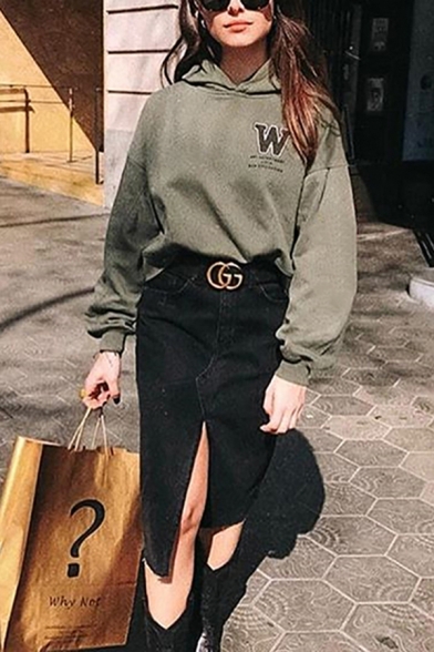 Fall Stylish Letter W Chest Long Sleeve Army Green Oversized Crop Hoodie