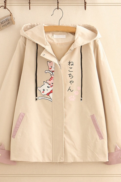 Japanese Letter Cats Printed Hidden Zip Closure Long Sleeve Apricot Loose Fit Casual Hooded Jacket Coat