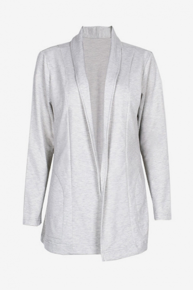 Ladies Fashion Shawl Collar Long Sleeve Open Front Light Gray Knitted Cardigan Coat