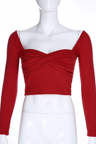 Ladies Sexy Wine Red Chest-Front Pleated Cross Square Neck Long Sleeve Cropped Knit Sweater Top