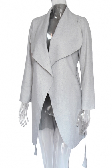 Ladies Simple Solid Color Long Sleeve Open Front Medium Length Belted Woolen Coat