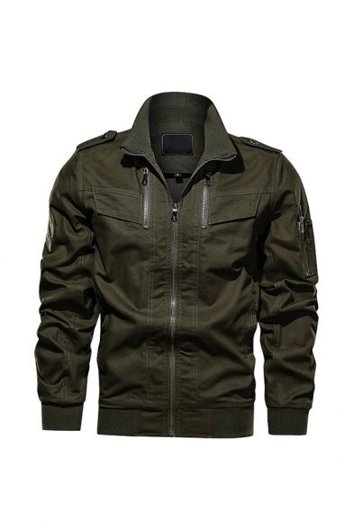 Men's Casual Long Sleeve Lapel Collar Zip Up Cotton Outdoor Military Jacket with Epaulets