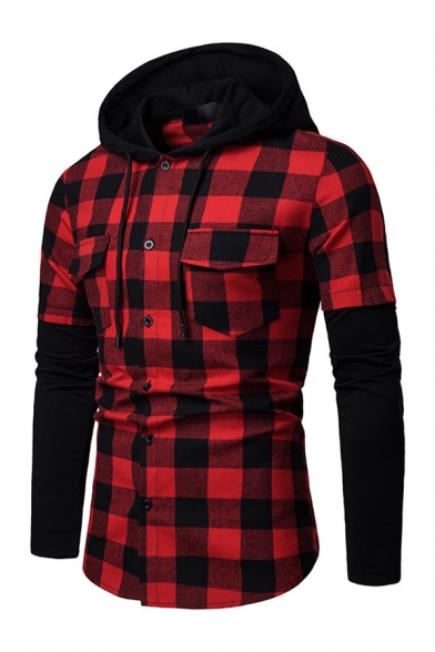 Mens Casual Fake Two Piece Plaid Shirt Single Breasted Long Sleeve Fitted Drawstring Hoodie