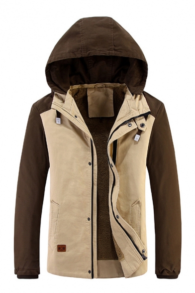 Mens Fashionable Color Block Zip Up Khaki and Brown Casual Thick Jacket Coat with Hood