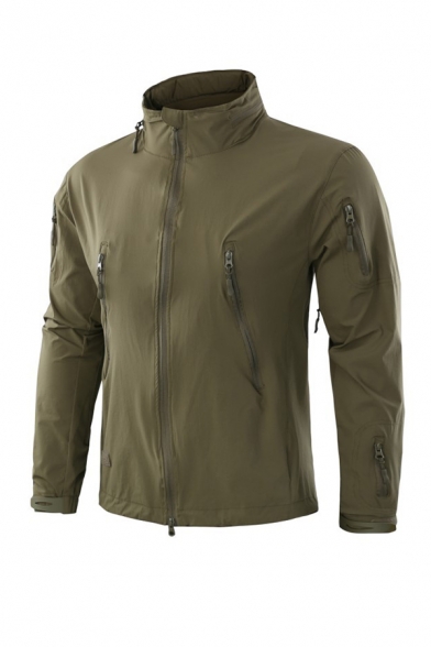 Mens Stylish Plain Stand Collar Long Sleeve Zipper Decoration Slim Fit Outdoor Windbreaker Jacket with Detachable Hood