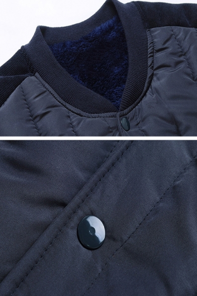 Mens Warm Long Sleeve Stand Collar Button Down Velvet Patch Quilted Down Jacket Coat