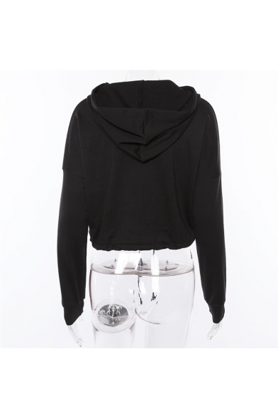Plain Black Fashionable Long Sleeve Zipper Drawstring Hem Cropped Hoodie