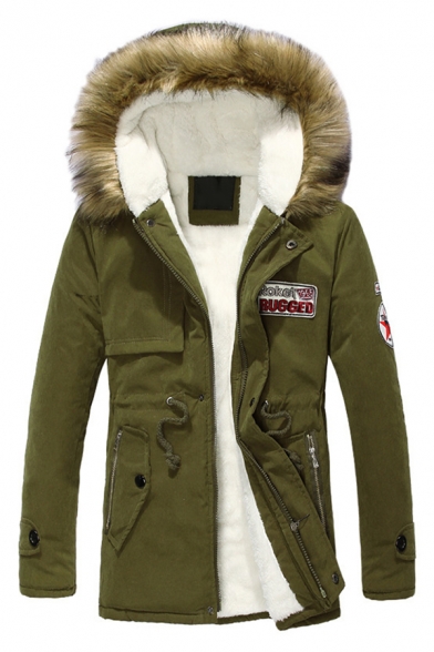 POKET RUGGED Letter Patchwork Long Sleeve Zip Up Sherpa Lined Army Green Longline Parka Coat with Fur Trimmed Hood