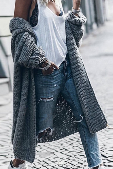 Solid Color Long Sleeve Open Front Longline Casual Dark Gray Cardigan Coat
