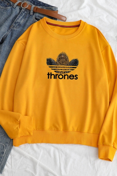 Stylish Letter THRONES Print Long Sleeve Crewneck Leisure Graphic Pullover Sweatshirt