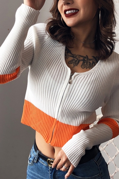 Stylish White and Orange Color Block Round Neck Long Sleeve Zip Up Slim Fit Crop Knitwear Cardigan