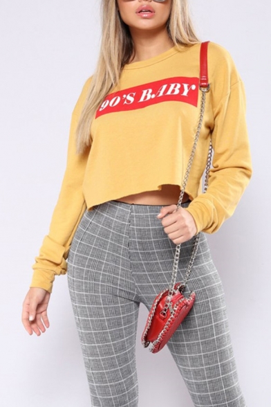 Stylish Yellow 90'S BABY Letter Printed Long Sleeve Casual Cropped Sweatshirt