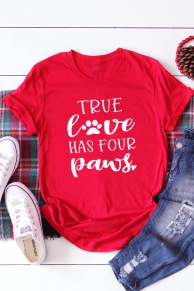 Summer Cute Letter TRUE LOVE HAS FOUR PAWS Printed Rolled Sleeve Red Loose T-Shirt