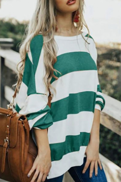 Two Tone Striped Long Sleeve Oversized Casual Pullover Sweatshirt