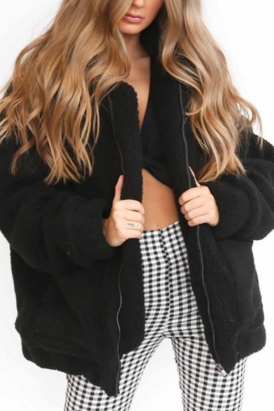 zip up fluffy faux fur winter coat